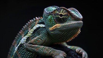 A Vibrant Chameleon Poses Against A Dark Background