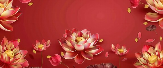 Red and Gold Lotus Flowers Design Background