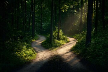 Obraz premium Sunlit Forking Path Through a Lush, Green Forest