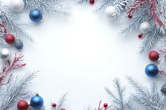 A festive display of Christmas tree branches adorned with vibrant red, white and blue ornaments, evoking a joyful holiday spirit and patriotic charm.