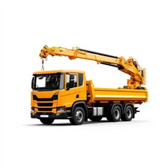 A bright yellow truck equipped with a crane for lifting and transporting materials, ideal for construction or heavy-duty tasks.