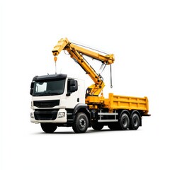 A heavy-duty truck with a bright yellow crane, designed for construction and transportation, exhibiting a robust build ideal for lifting and hauling.