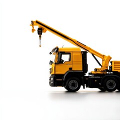 A detailed model of a yellow crane truck is showcased, featuring an elongated arm and a hook for lifting loads.