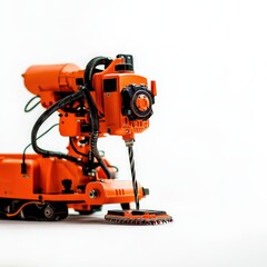 A robotic machine with an orange casing, featuring a drill attachment, designed for precision tasks in engineering or manufacturing.
