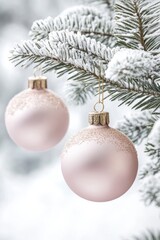 Delicate pink ornaments dangle gracefully from a slender tree branch, adding a whimsical touch to the tranquil, nature-inspired scene.