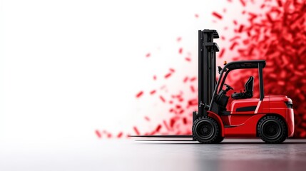 A red forklift stands against a minimalist background, with an explosion of red particles, emphasizing industrial strength and vibrant color contrast.