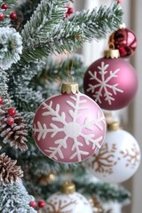 Three beautiful ornaments dangle from a festive Christmas tree, accented by rustic pine cones, creating a warm and cheerful holiday atmosphere.