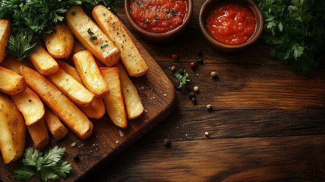 Kartoffeln Pommes Frites zubereitet in der K&uuml;che mit Dip