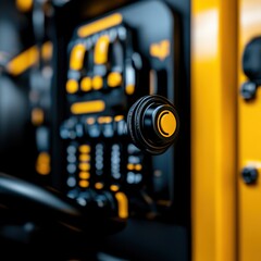 Fototapeta premium A close-up of a control panel featuring black and yellow knobs and buttons, showcasing the intricate design and functionality of machinery.