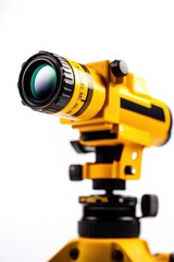 A bright yellow surveying level with a lens, used for precision measurements in construction and surveying tasks.