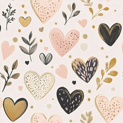 Pink, black and gold heart pattern with twigs.