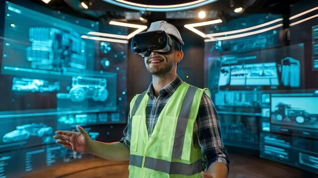 A man in a VR headset wearing a safety vest, engaged in a virtual environment.