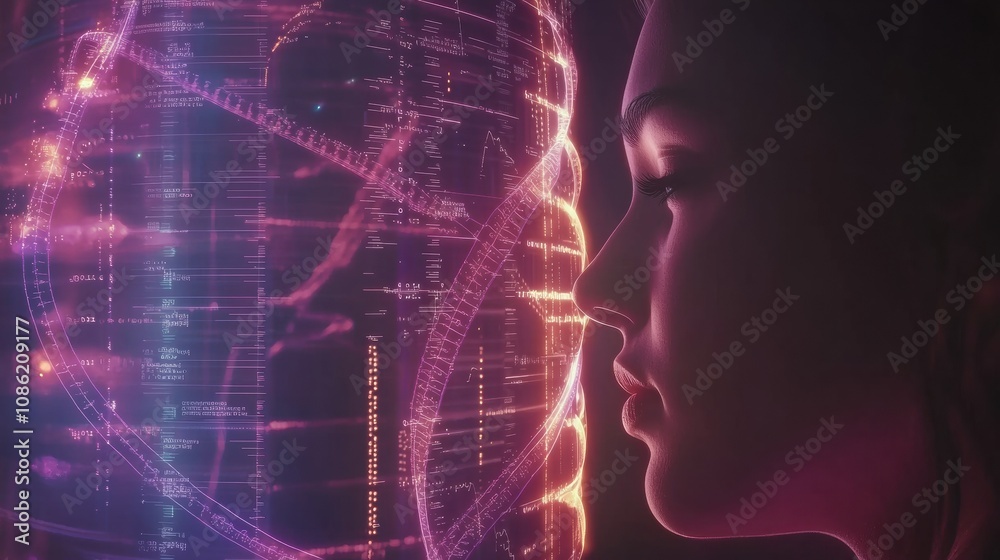 Leinwandbilder a person contemplates the implications of dna mapping amid vivid visualizations of genetic data in a