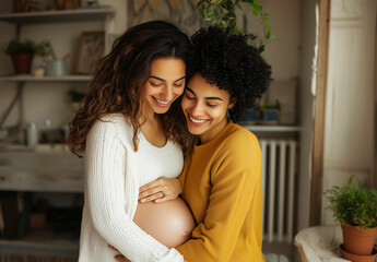 Pregnant Couple Sharing Joyful Moment - LGBTIQ+ LGBTQ+ People. International lLGBTQ+ Pride Day. Diversity Awareness. Lesbian, Gay, Bisexual, Transgender, Queer or Questioning, Intersex, Asexual and Mo