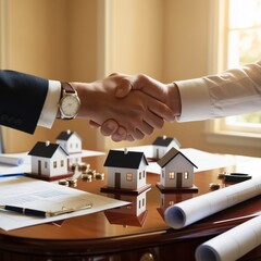 a close up of handshake over a contract with small house models in the background, illustrating trust and partnership in reall estate transactions.
