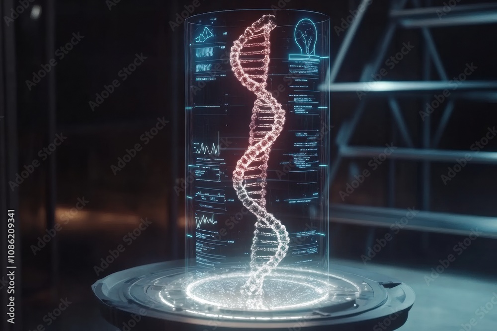 Poster a digital dna model is showcased in a modern lab, highlighting genetic structures and data during la