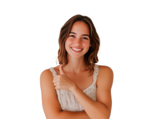 Uma jovem sorridente com gesto de curtir. A imagem transmite alegria, otimismo e energia positiva, perfeita para projetos que buscam transmitir boas vibrações.