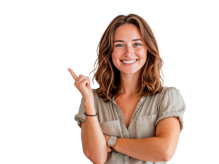 Jovem apontando para o lado com as mãos em fundo transparente