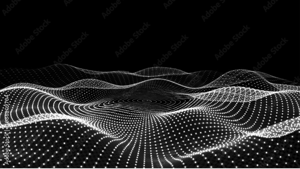 Poster black futuristic moving wave. digital background with moving glowing particles. big data visualizati