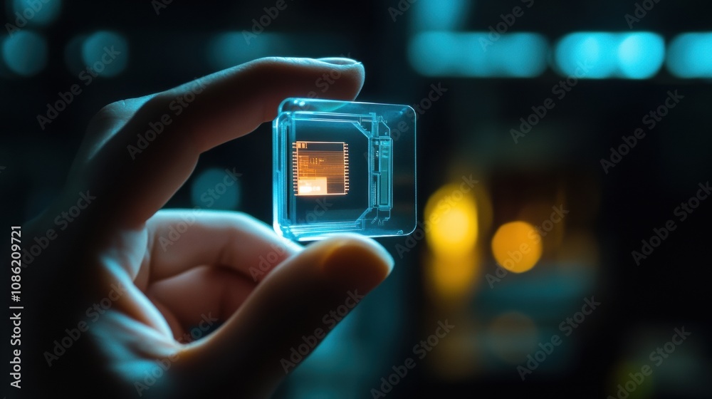 Aufkleber a hand grips a transparent micro biochip showcasing advanced health metrics on a holographic screen 