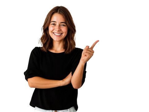 Jovem apontando para o lado com as m&atilde;os em fundo transparente