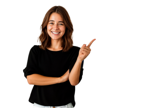 Jovem apontando para o lado com as mãos em fundo transparente