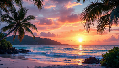 Tropical sunset with glowing skies, palm silhouettes, serene sea, and distant hills.