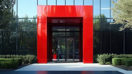 Obraz premium Corporate Building with Glass Facade and Bold Red Entrance