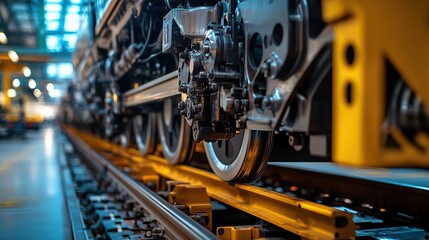Fototapeta premium Close-up of train wheels on tracks, showcasing industrial machinery and engineering.
