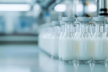 Sustainable Food Technology with Science research concept. A row of glass bottles filled with milk, positioned on a factory table, showcasing a clean and modern dairy production environment.