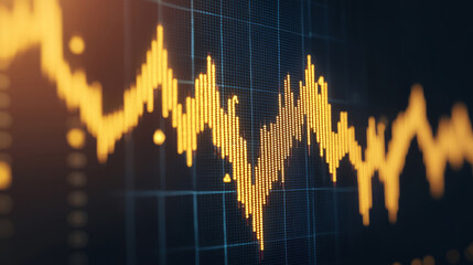 Dynamic digital wave graphs with gold accents flowing upward, representing data trends and analytics