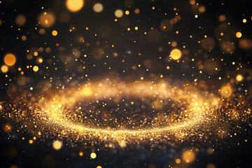 Fototapeta premium Gold glitter circle of light shine sparkles and golden spark particles in circle frame on black background. Christmas magic stars glow, firework confetti of glittery ring shimmer 