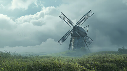 Fototapeta premium A serene windmill stands against a cloudy sky, with its blades spread wide, resembling outstretched arms in a tranquil landscape at dusk