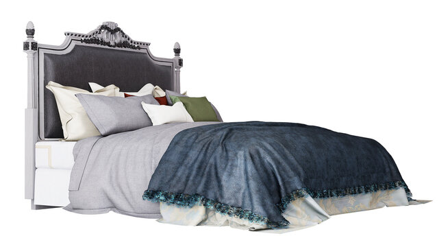 3d Furniture modern blue blanket double bed with European style headboard isolated on a white background, Decoration Design for bedroom.