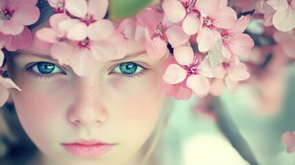 Fototapeta premium Young girl with flowers, blue-green eyes, and serene expression