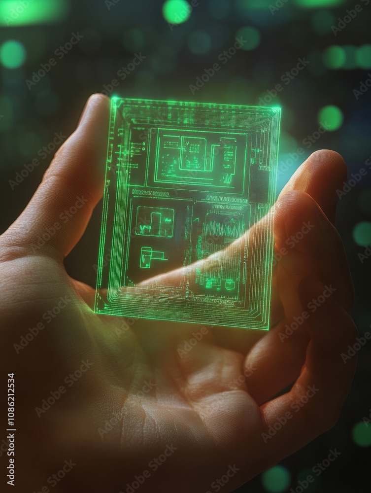 Poster A hand displays a micro biochip that features a glowing holographic interface, showcasing various health metrics and data. Generative AI