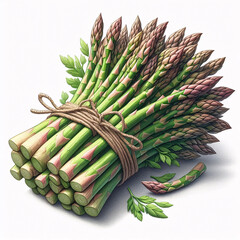 A bundle of fresh asparagus tied with twine, with some loose spears and leaves, sits on a white background