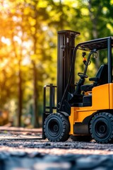 A bright yellow forklift stands on gravel, surrounded by trees, basking in sunlight, showcasing its utility in outdoor settings.