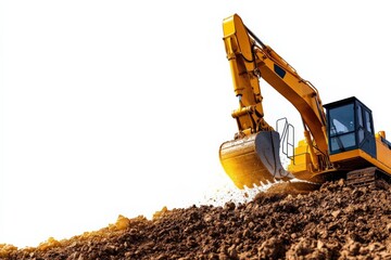A construction excavator digging into the earth, showcasing its powerful arm and bucket, with a clear sky in the background.