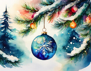 A colorful Christmas ornament with a snowflake design, hanging on a snowy branch