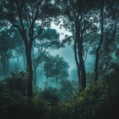 Obraz premium Foggy forest with tall trees.
