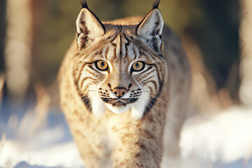 Obraz premium A cat is walking through the snow with its eyes open