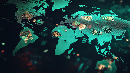 A vibrant world map featuring currency symbols highlighting global trade and finance dynamics