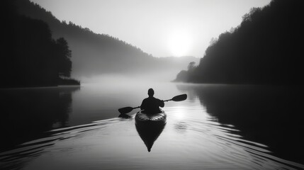 A single kayaker paddles through a misty lake at sunrise.