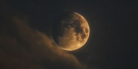 Golden Gibbous Moon Amidst a Starry Night Sky