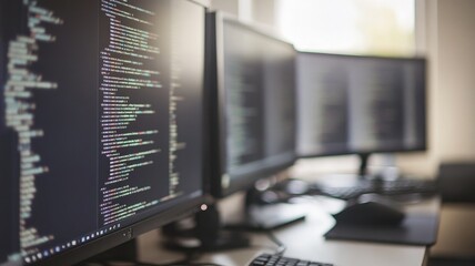 Fototapeta premium Multiple computer monitors displaying code in modern office setup