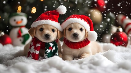Two Adorable Puppies Dressed in Santa Hats and Scarves in a Snowy Winter Wonderland
