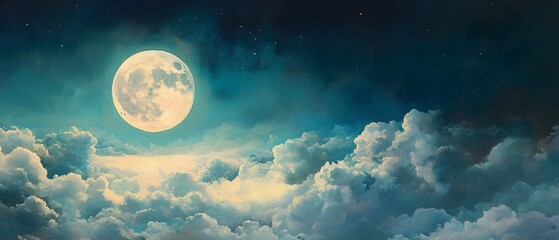 Serene Night Sky Full Moon Above Fluffy Clouds