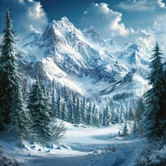Snowy mountain range with pine forest.