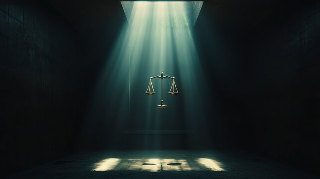 A solitary set of justice scales illuminated by a beam of light in a dark, desolate environment symbolizing truth and fairness